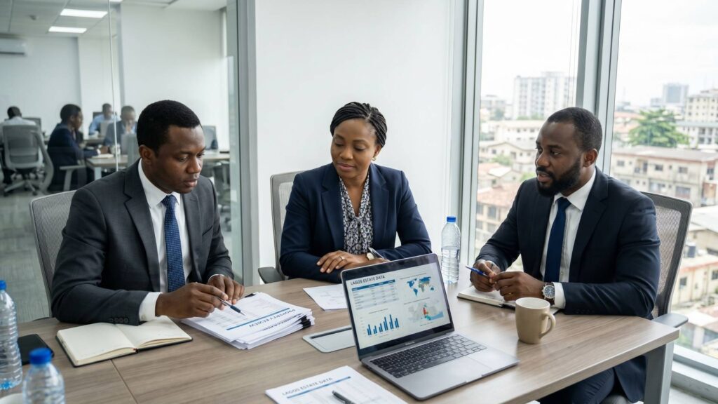 Jodoa Properties Nigeria advisory team reviewing Lagos real estate investment data with investors