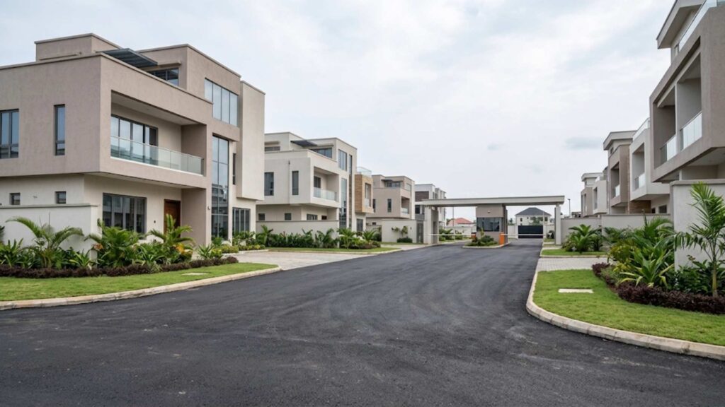 Completed luxury gated residential estate in Nigeria with modern architecture and landscaped entrance