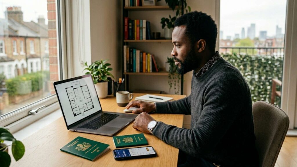 Nigerian diaspora investor in London reviewing property floor plan on laptop with Nigerian passport on desk