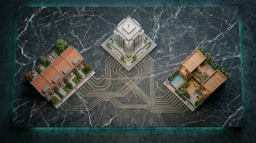 Three architectural building models connected on a marble surface representing multi-market fractional property investment