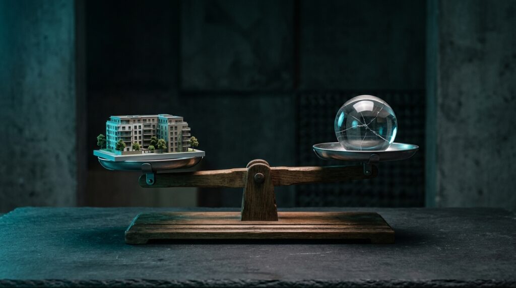 Balance scale with building model and cracked glass sphere representing investment risk