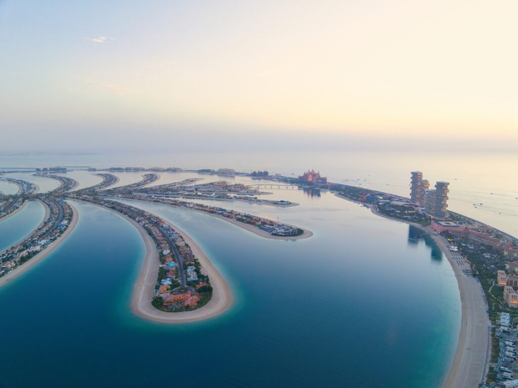 Aerial panoramic view of Palm Jumeirah islands