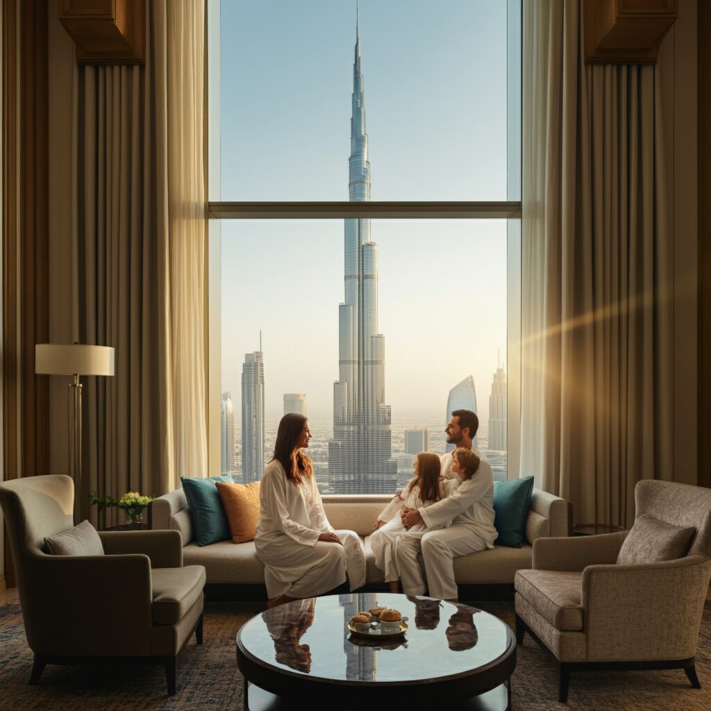 Family watching burj khalifa from house