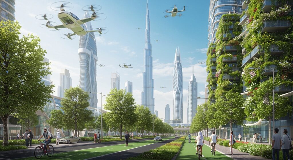 Futuristic sustainable dubai with green streets